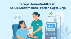 Gambar ilustrasi terapi hemodiafiltrasi di rumah sakit modern dengan pasien dan tenaga medis profesional.