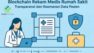 alt="Ilustrasi blockchain rekam medis rumah sakit dengan ikon medan digital dan keamanan data"