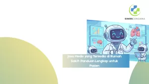 Ilustrasi layanan medis rumah sakit lengkap dengan tenaga kesehatan dan pasien.